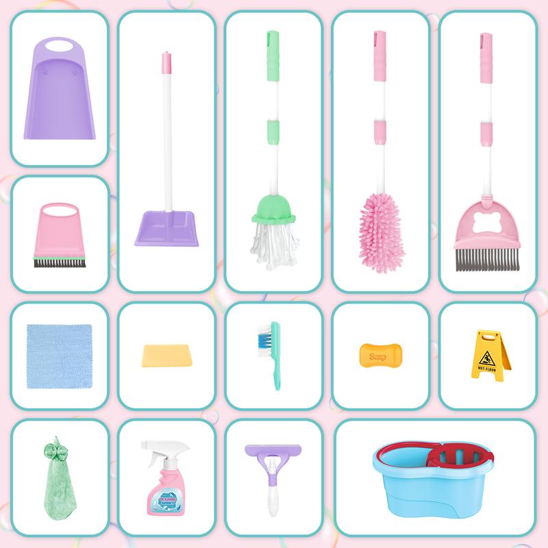 deAO Toy Cleaning Set – Play Housekeeping and Janitor Accessories Cart – Pretend Broom, Mop and Dustpan Christmas Gift Toys