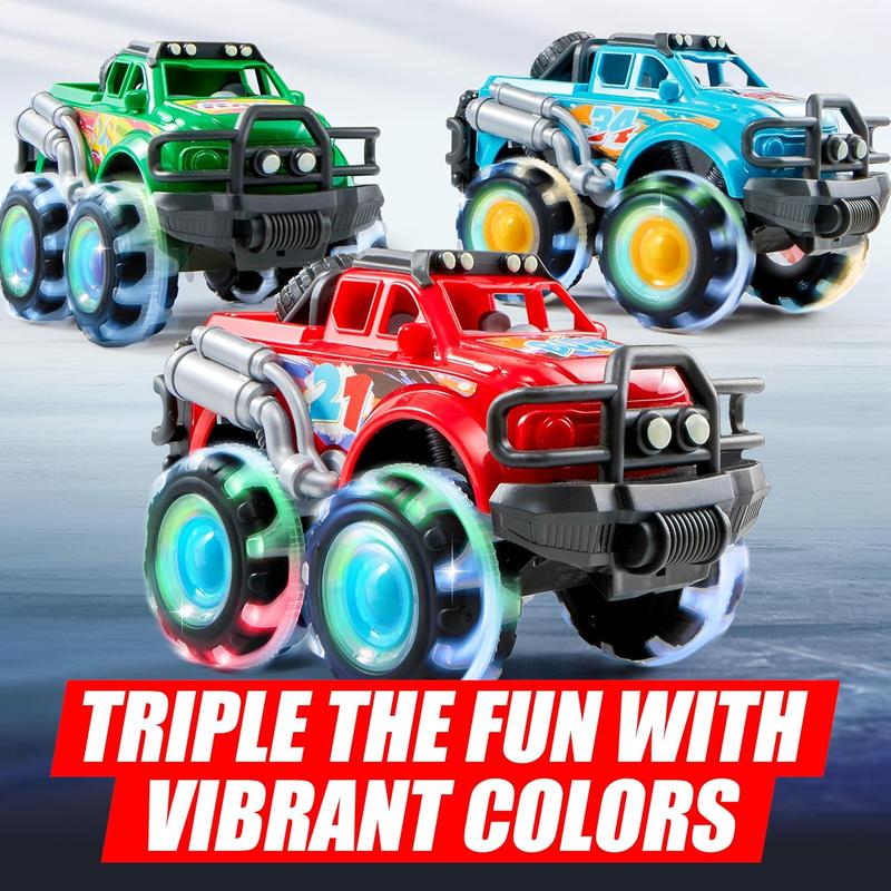 3Pack Monster Truck Toy - Toy Truck with Flashing LED Wheels - Light-Up Cars - Birthday Gift for Boys Girls - Friction-Powered