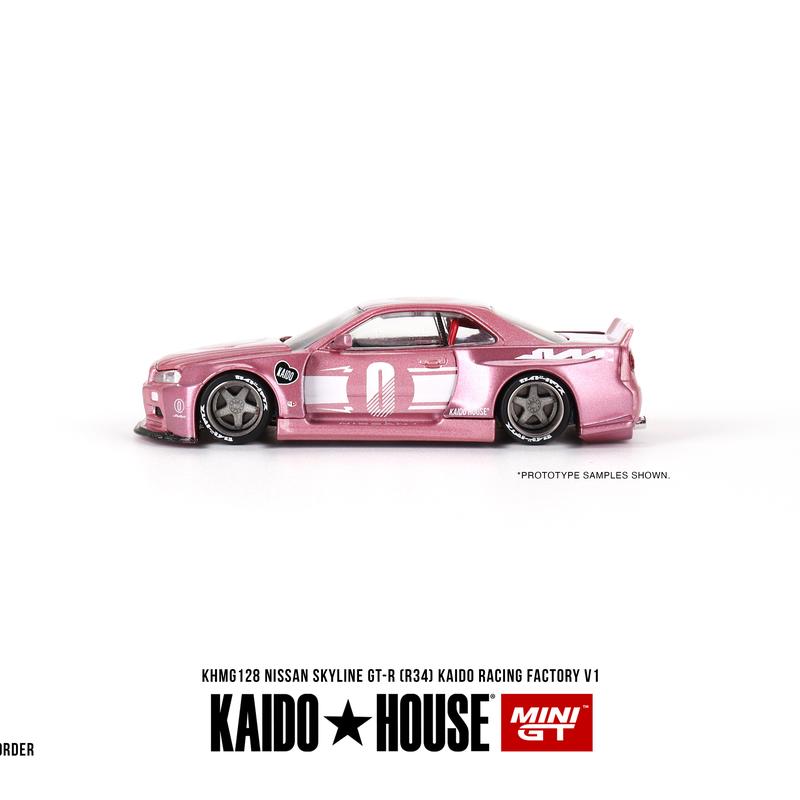 KAIDO HOUSE x Mini GT 1:64 Nissan GT-R R34 Pink KAIDO RACING FACTORY V1 KHMG128 Diecast Model