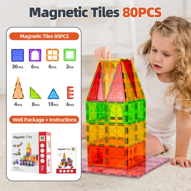 Magnetic Tiles, 80PCS Magnetic Building Toys, Magnetic Building Set for Kids, Stacking Blocks, Perfect STEM Toys Gift for Boys and Girls