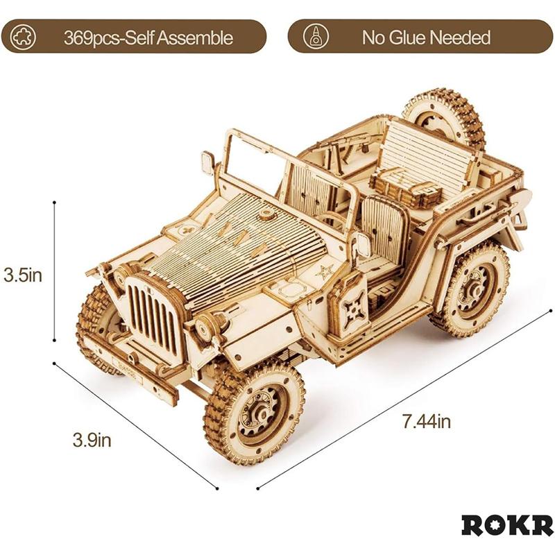 Robotime ROKR 3D Wooden Puzzle for Adults-Mechanical Car Model Kits-Brain Teaser Puzzles-Vehicle Building Kits-Unique Gift for Kids on Birthday Christmas Day(1:18 Scale)(MC701-Army Field Car) 3 d