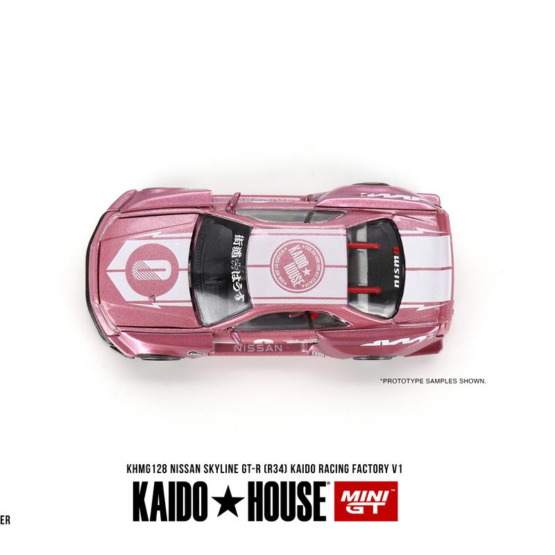 KAIDO HOUSE x Mini GT 1:64 Nissan GT-R R34 Pink KAIDO RACING FACTORY V1 KHMG128 Diecast Model