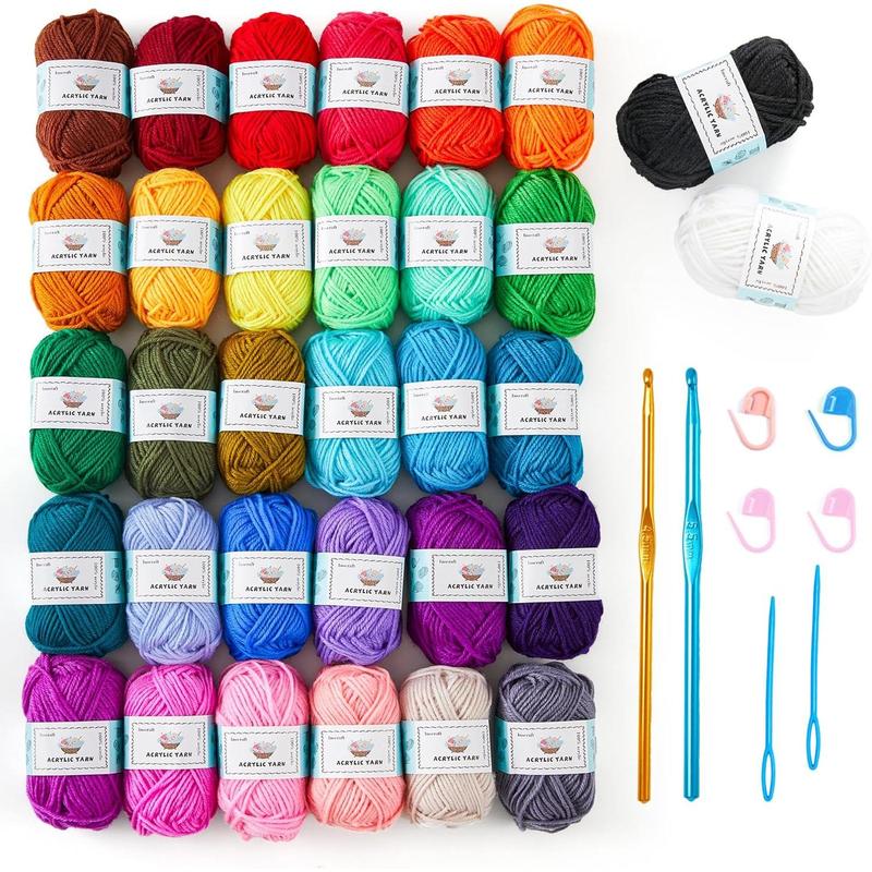 Crochet Yarn Kit for Beginners, 1440 Yards 32 Colors  Yarn Skeins, 2 Crochet Hooks, 2 Weaving , 4 Stitch Markers, 1 Bag, for Crocheting & Knitting, Gift for Adults