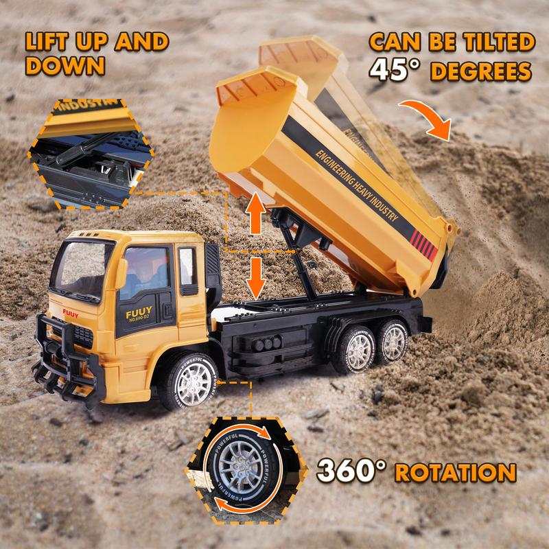 RC Dump Truck Toy for Kids - 2.4 GHz Remote Control, Dual Battery, 4WD, LED Headlights, 360° Rotation, Realistic Lift and Tilt,  Perfect Holiday and Birthday Gift