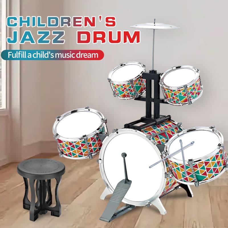 Children Kids JAZZ Drum Set with Stool Pedal for Toddler Toys - 5 Drums Musical Instruments for Early Education and Christmas Gift for Girls and Boys