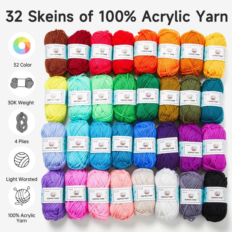 Crochet Yarn Kit for Beginners, 1440 Yards 32 Colors  Yarn Skeins, 2 Crochet Hooks, 2 Weaving , 4 Stitch Markers, 1 Bag, for Crocheting & Knitting, Gift for Adults