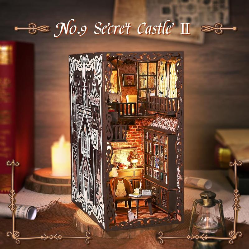 Book Nook Kit for Adults Teens, 3D Puzzles for Adults Bookshelf Decor, Wooden Booknook with Sensor Light, DIY Kits for Adults Crafts, Christmas Birthday Gifts for Him (Booknook Secret Castle)