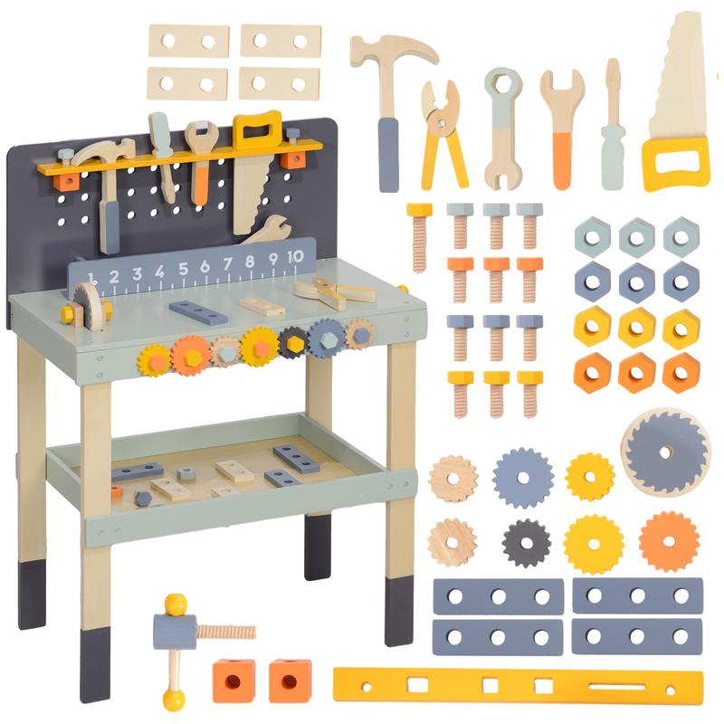 Qaba Kids Wooden Tool Bench, 49 Piece Kids Workbench Playset, Pretend Play Toy Construction Tool Set for Toddlers Age 3-6 Years