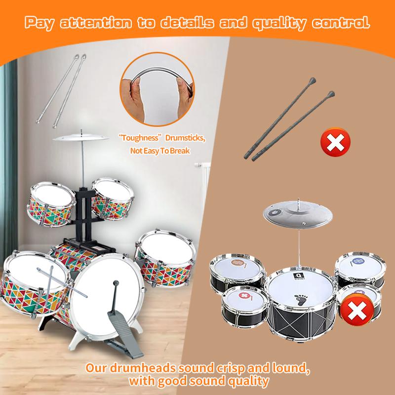 Children Kids JAZZ Drum Set with Stool Pedal for Toddler Toys - 5 Drums Musical Instruments for Early Education and Christmas Gift for Girls and Boys