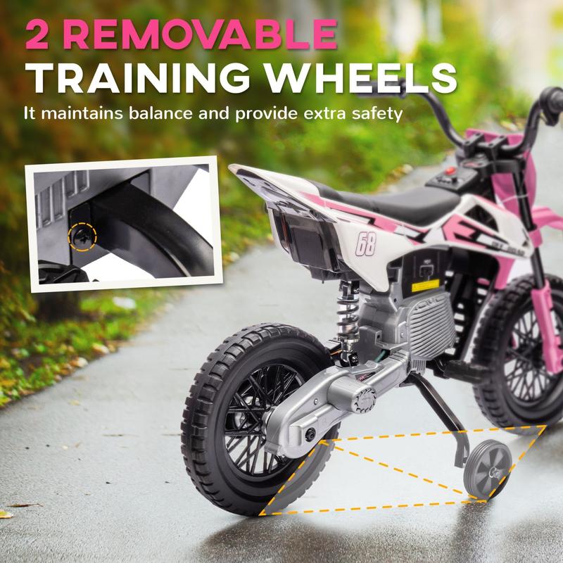 Kids Dirt Bike with Twist Grip Throttle, 12V Electric Motorcycle, Electric Bike for Toddler with Training Wheels, Rear Suspension & Music for Ages 3-6 Years, Pink