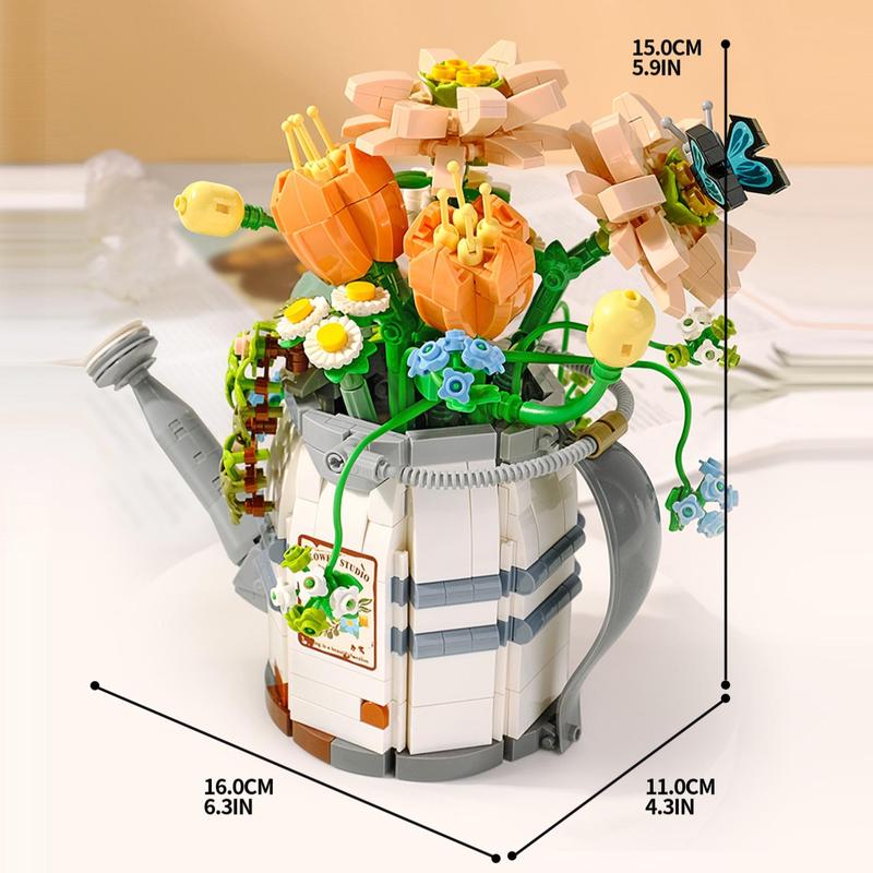 Watering Can with Potted Plants Building Blocks Set, 973pcs set Plastic Simulation Bonsai Flower Building Set, Creative Building Bricks Toy for Boys & Girls Best Gift