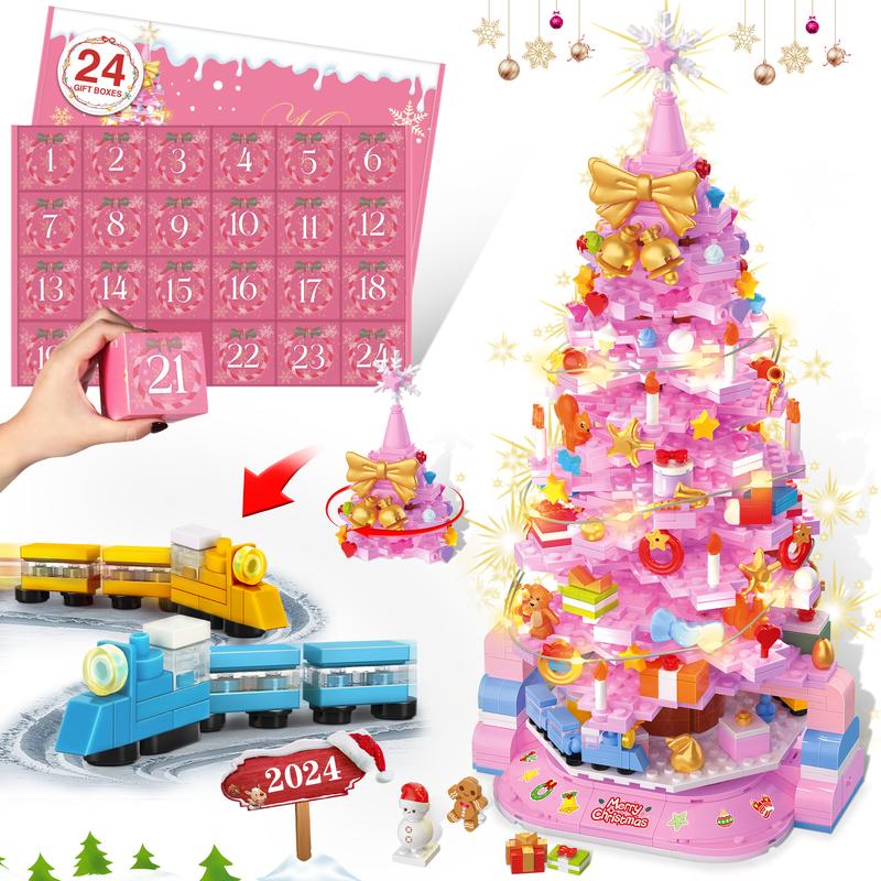 TOKMOC 2024 Rotatable Train Christmas Tree Building Block Set,Pink and Green,24 Days DIY Advent Calendar Surprise Christmas Countdown Mini Building Block Architecture,Christmas Gift and Home Decoration,For aged 12 and above,70001,1188 Pieces