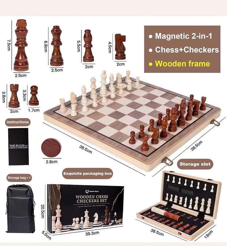 15 Inches Magnetic Wooden Chess Set & Checkers Board Game,Folding Board Individual Piece Storage Slot and Storage Bag