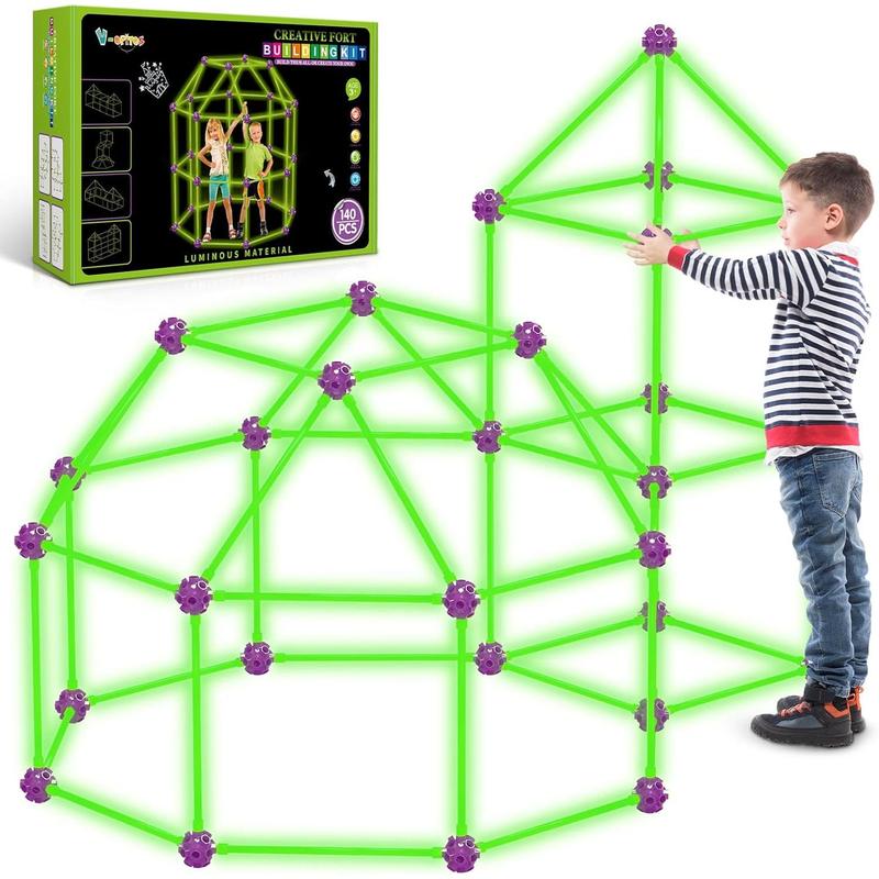 140 Pack Glow in The Dart Fort Building Kits for Kids Age 4, 5, 6, 7, 8+ Years Old, STEM Building Toys for DIY Castles, Tunnels, Ideal Christmas, Birthday Gifts for Boys & Girls