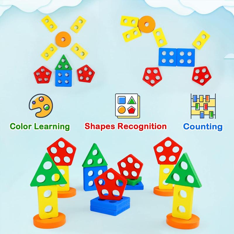 Montessori Toys  Boys Girls  and Kids Preschool, Wooden Sorting & Stacking Educational Toys, Color Recognition Stacker Shape Sorter, Learning Puzzles Gift