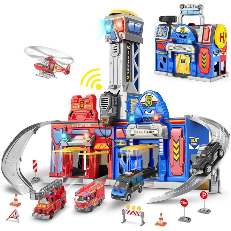 Kids Toys for 3 4 5 6 Years Old Boys, 29.5'' Large City Action Toddler Playset with Lights Sounds, Police & Fire Station Transform Track Toy with 4 Cars, Helicopter, Walkie-Talkie, Gifts for Boy Girl