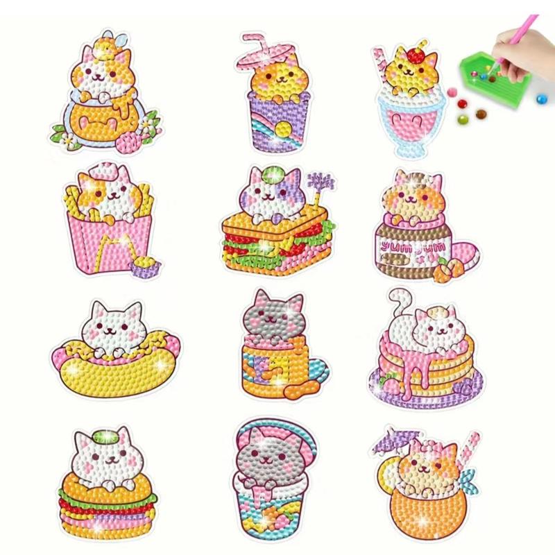 12pcs set DIY Diamond Painting Kit, Cute Cat Pattern Diamond Art Sticker, DIY Decor Painting for Bedroom Living Room Office