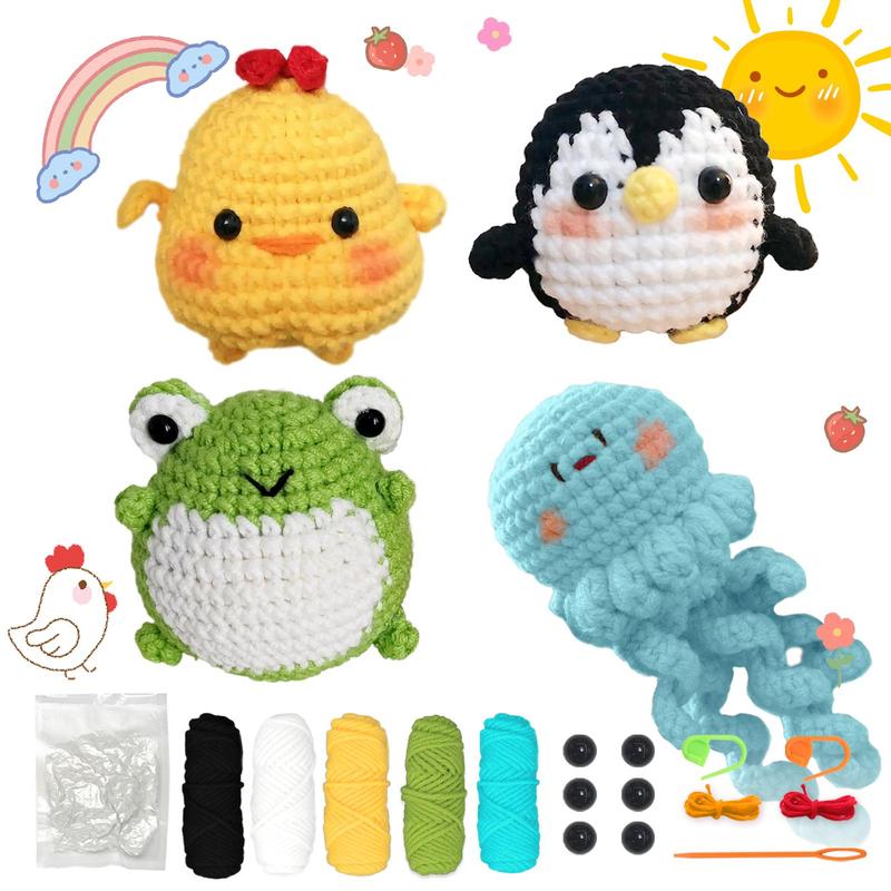 Cute Cartoon Animal Crochet Kit, 1 Set Chicken Penguin Frog Jellyfish Crochet Starter Kit for Beginners, DIY Handicraft, Home Decor with Step-by-step Video Tutorials