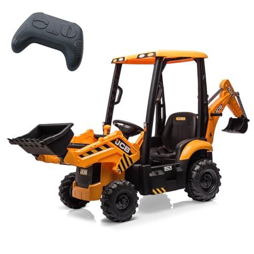 4 in 1 Ride on Excavator & Bulldozer, 12V Battery Powered Electric Vehicle with Remote Control, Front Loader, Digger, Horn, Adjustable Seat, EVA Tires, Removable Tent, Multiple Colors