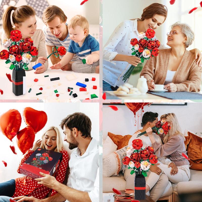 818 PCS Rose Artificial Flower Toy DIY Bouquet Set with Puzzle Vase, for Kids Women Girls, Valentine's Birthday Mother's Day Building Blocks kits