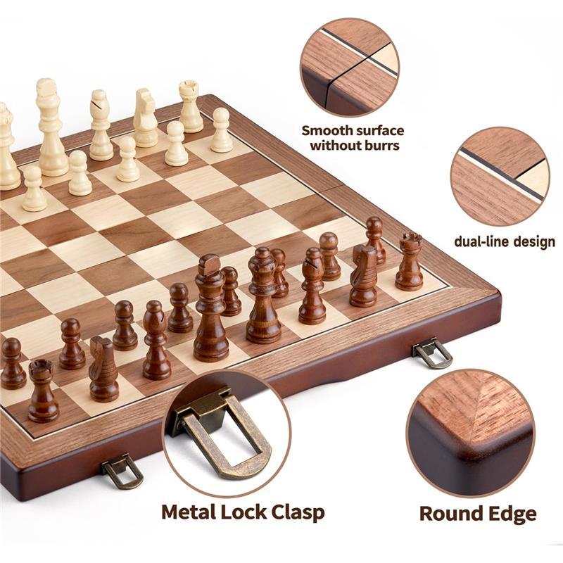 15 inch Magnetic Chess Set Wooden Folding Chessboard with 34 Chess Pieces Travel Chess Game