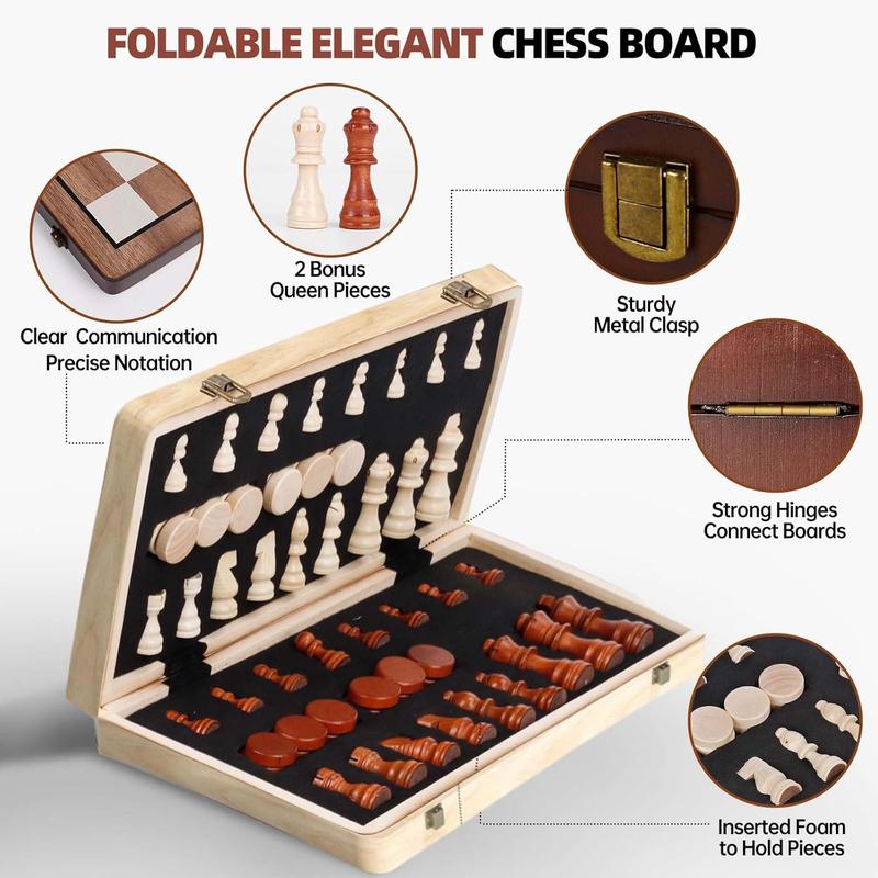 15 Inches Magnetic Wooden Chess Set & Checkers Board Game,Folding Board Individual Piece Storage Slot and Storage Bag