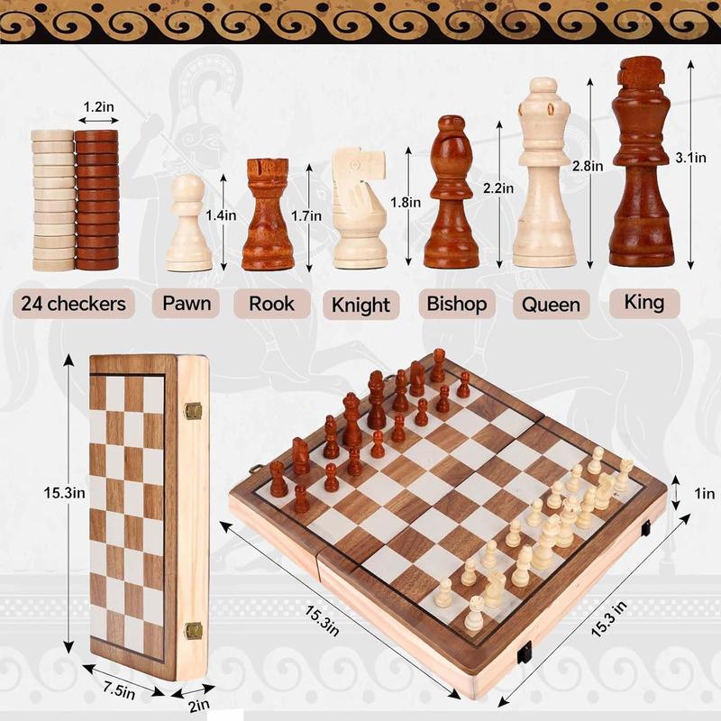 15 Inches Magnetic Wooden Chess Set & Checkers Board Game,Folding Board Individual Piece Storage Slot and Storage Bag