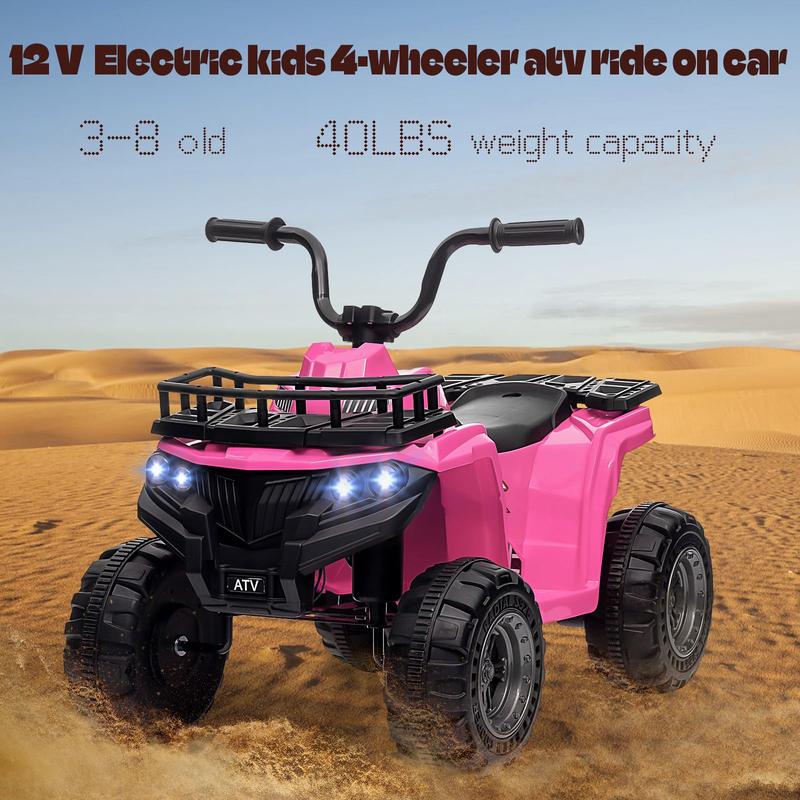 12V Ride On Electric ATV for Kids, 4 Wheeler Quad Play Car with High Low Speed, Treaded Tires, Rubber Handles, LED Lights, Gift for Boys & Girls, Available in Red, Orange, and Purple