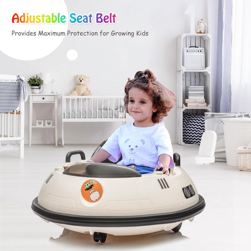 12V Electric Ride On Bumper Car for Toddlers with Remote Control, Safety Belt, Music, Flashing Lights, 360 Degree Spin, Available in White, Pink, and Green