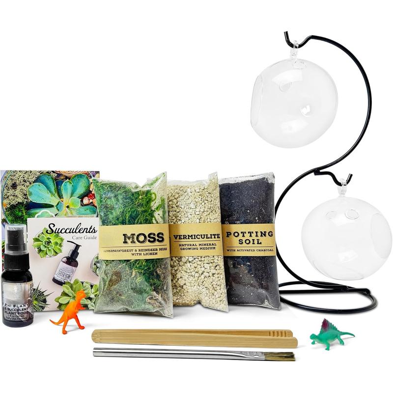 Terrarium Starter Kit | Moss, Vermiculite, Soil, Plant Food, Brush, Build and Care Guide | DIY Succulent Terrarium Kit for Adults and Kids