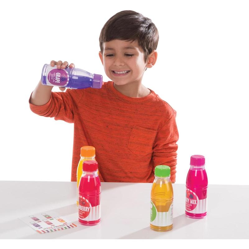 Melissa & Doug Tip & Sip Toy Juice Bottles and Activity Card (6 Pcs) Pretend Play Food Set, Play Kitchen Food For Ages 3+