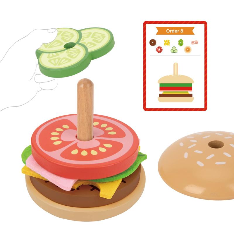 Montessori Hamburger Stacking Toys, Wooden Burger Toy Play Food Toys for Kids, Fine Motor Toys for , Fake Food Hamburger Toys with Order Cards