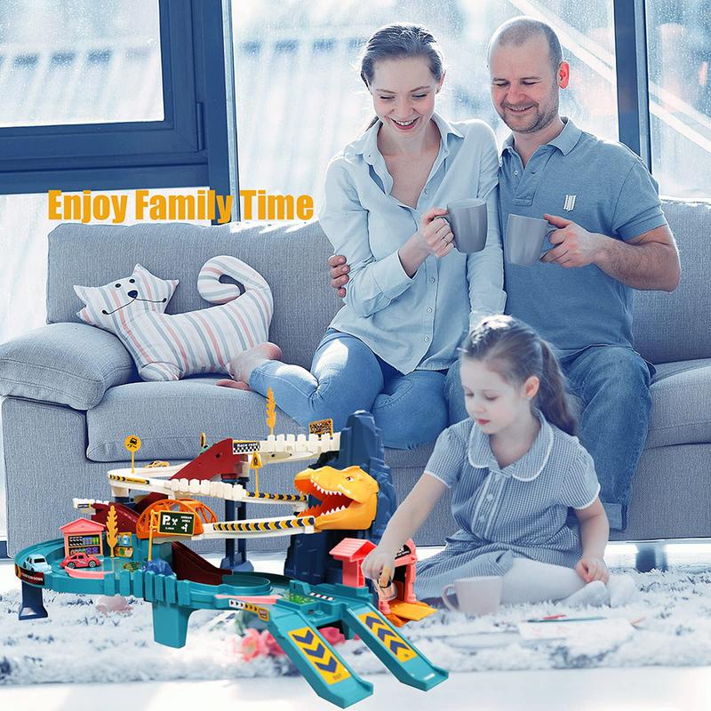 Full size Dinosaur Hill Car Ramp Track Game set toys, suitable for children, with 6 mini race cars and vibrant Car Ramp Adventure garage parking toys, perfect for children 3 to 4 years old