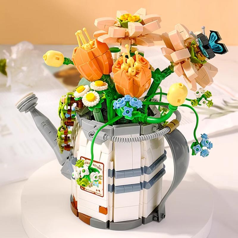 Watering Can with Potted Plants Building Blocks Set, 973pcs set Plastic Simulation Bonsai Flower Building Set, Creative Building Bricks Toy for Boys & Girls Best Gift