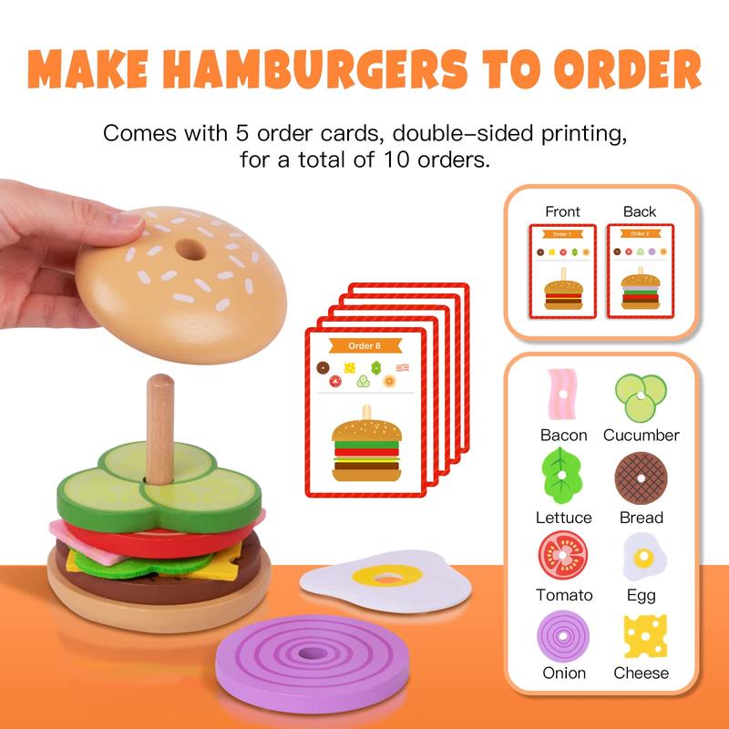 Montessori Hamburger Stacking Toys, Wooden Burger Toy Play Food Toys for Kids, Fine Motor Toys for , Fake Food Hamburger Toys with Order Cards