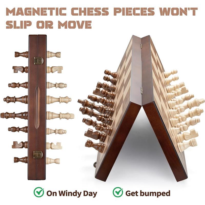 15 inch Magnetic Chess Set Wooden Folding Chessboard with 34 Chess Pieces Travel Chess Game