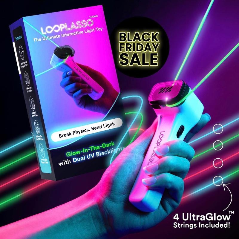 Loop Lasso NANO - Glow-In-The-Dark String Shooter Toy with UV Blacklights - Safe Fun for Kids & Adults