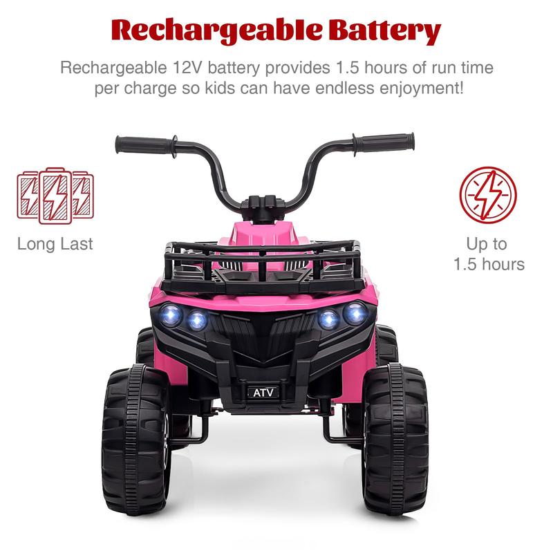 12V Ride On Electric ATV for Kids, 4 Wheeler Quad Play Car with High Low Speed, Treaded Tires, Rubber Handles, LED Lights, Gift for Boys & Girls, Available in Red, Orange, and Purple