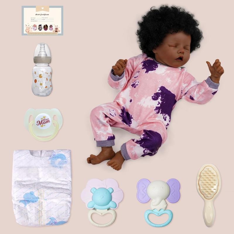 [IN STOCK] Lifelike Reborn Baby Dolls Black -17Inch Baby-Soft Body & Curls Realistic-Newborn Baby Dolls African American Real Life Baby Dolls Cloth Body with Feeding Kit & Gift Box for Kids Age 3+