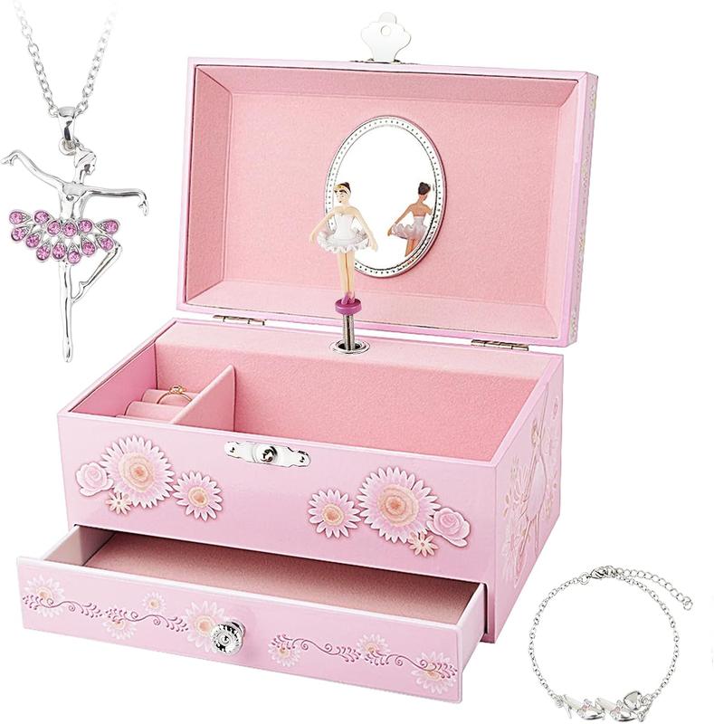 Musical  Box for Girls with Drawer and  Set with Ballerina Theme - Swan Lake Tune Pink