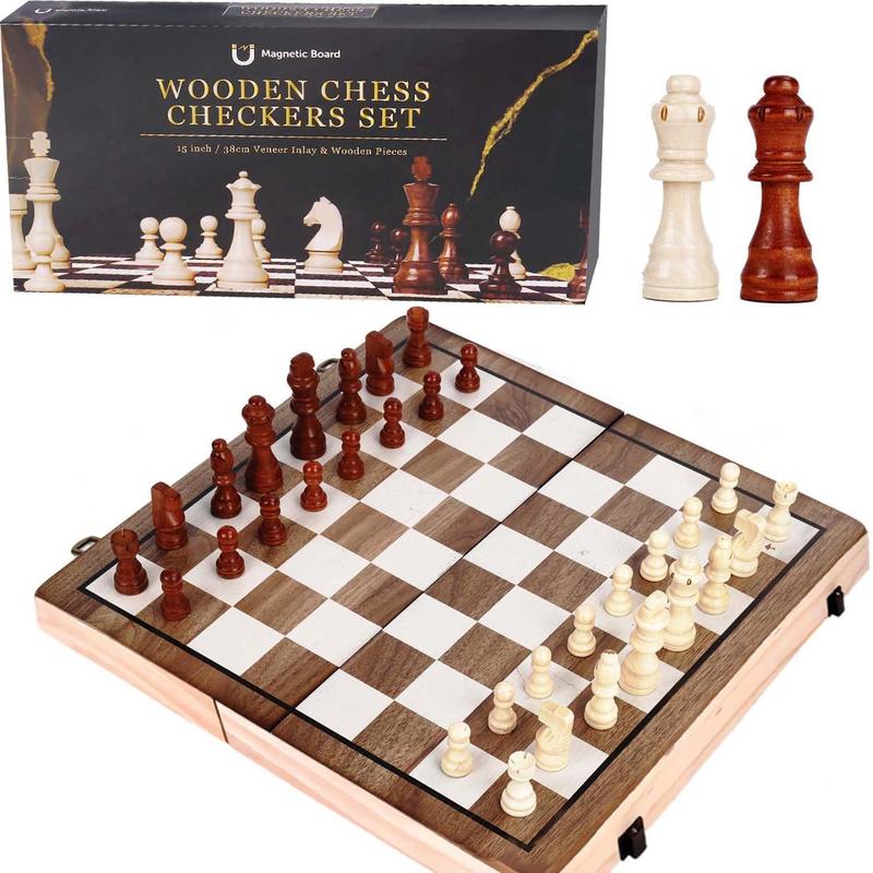 15 Inches Magnetic Wooden Chess Set & Checkers Board Game,Folding Board Individual Piece Storage Slot and Storage Bag