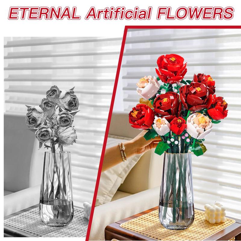 818 PCS Rose Artificial Flower Toy DIY Bouquet Set with Puzzle Vase, for Kids Women Girls, Valentine's Birthday Mother's Day Building Blocks kits