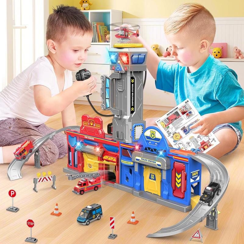 Kids Toys for 3 4 5 6 Years Old Boys, 29.5'' Large City Action Toddler Playset with Lights Sounds, Police & Fire Station Transform Track Toy with 4 Cars, Helicopter, Walkie-Talkie, Gifts for Boy Girl