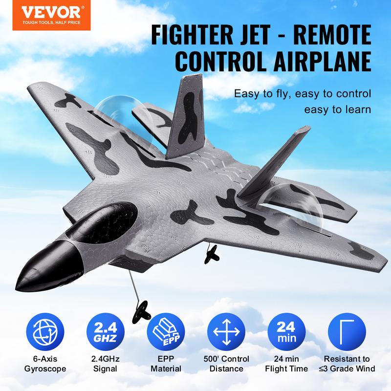 VEVOR RC Plane, 2.4GHZ 2 Channel Remote Control Airplane with 6-Axis Gyro Stabilizer, Ready to Fly Fighter Aircraft Plane Toy with 2 Batteries, Easy to Fly RC Glider for Adults Kids Beginners Boys