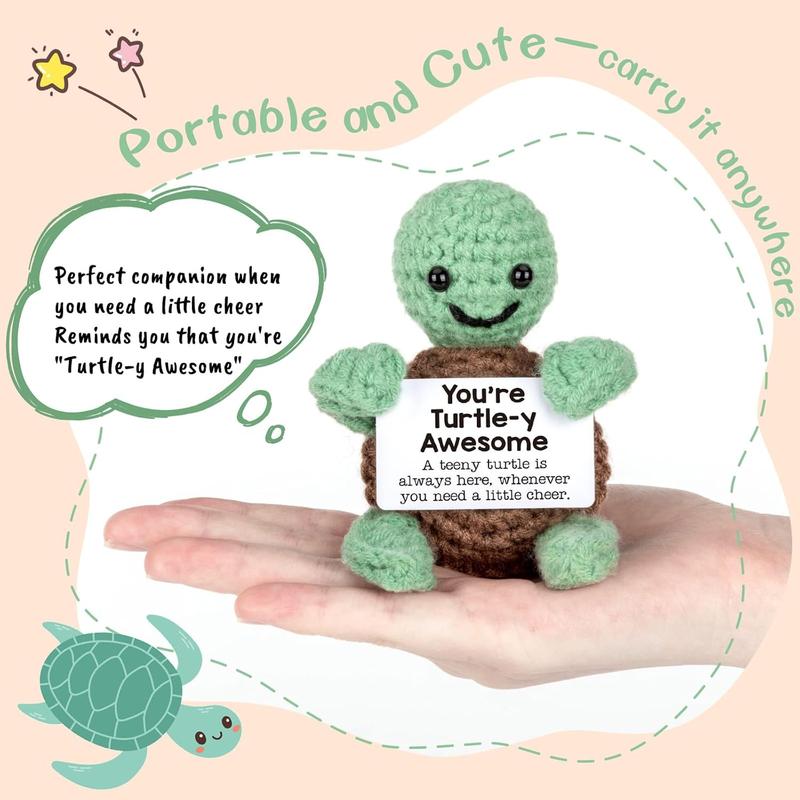 Mini Funny Positive Turtle Gifts, Small Handmade Crochet Animals Cute Stuff, Inspirational Gifts for Women Men Birthday Presents, Emotional Motivational Turtle Decor