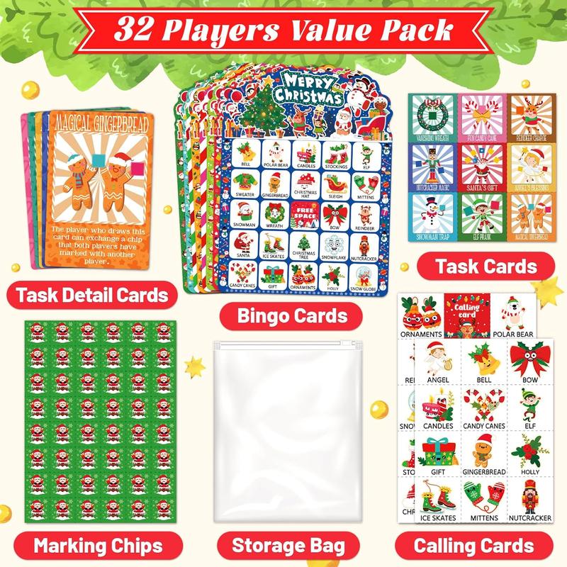 56 Sheets Christmas Bingo Game, 32 Players Christmas Bingo Cards for Adults Christmas Party Game for Family Large Group Winter Holiday Party Favor Bingo