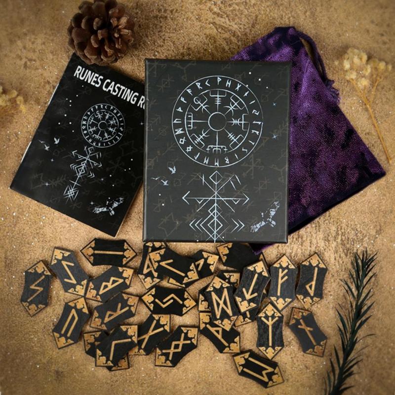 Wooden Runes Set, 25pcs set Wooden Runes Set with Instructions & Storage Bag, Divination Woodcut Meditation Altar Game Cards, Home Decoration