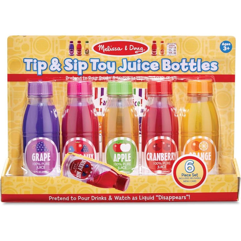 Melissa & Doug Tip & Sip Toy Juice Bottles and Activity Card (6 Pcs) Pretend Play Food Set, Play Kitchen Food For Ages 3+