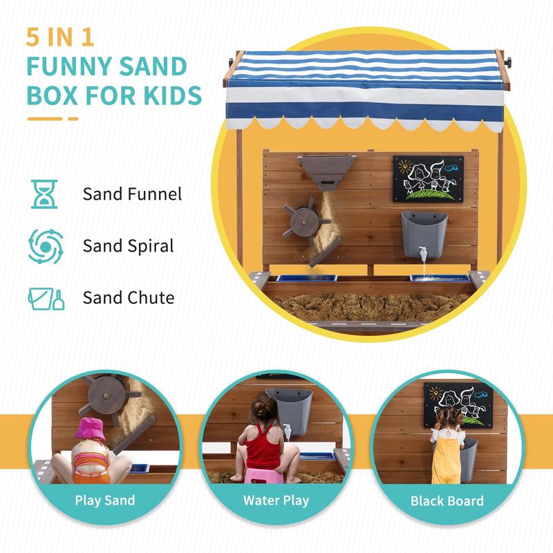 Kids Large Wooden SandBoxes with Roof, Pipleo Outdoor Sand Box Play w Canopy for Backyard Garden Beach, Sand Pit for Beach Patio Outdoor, [Adjustable Cover & Sand Funnel & Drawing Board] - Brown Oak