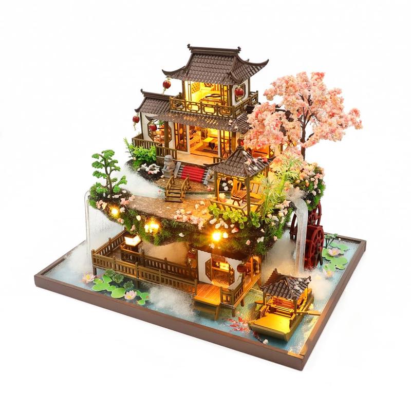 DIY Wooden Assembly Villa Model House, Handmade Craft Cottage Miniature Dollhouse with Furniture & Light Effect, Creative Birthday Gift